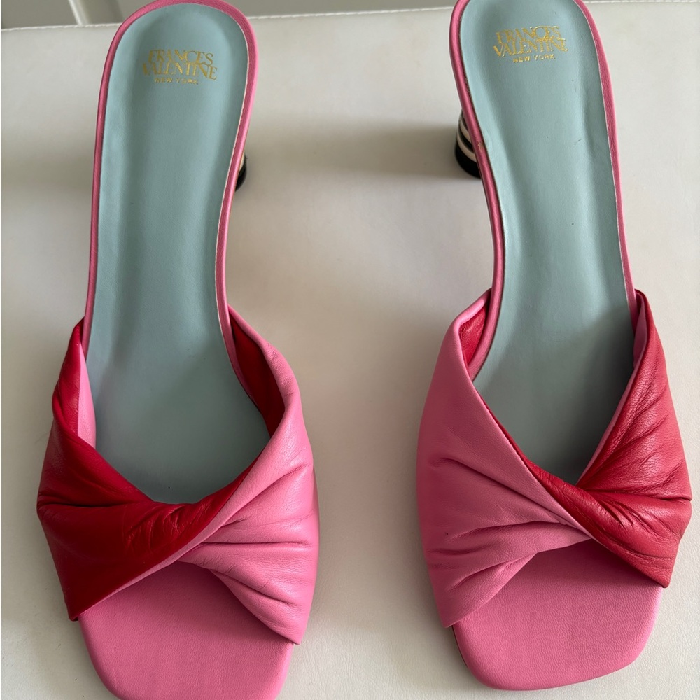 Francis Valentine Mules, size 8. Red and Pink with decorative heel. Gold ball